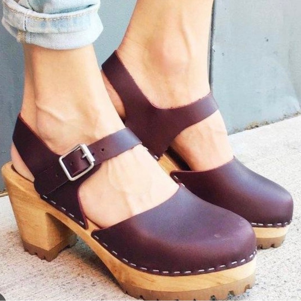 MIA Dark Brown Leather Clogs with Wooden Heel